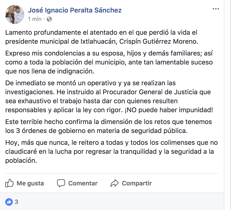 PGJ ratifica el homicidio del presidente municipal de Ixtlahuacán PGJ ratifica el homicidio del presidente municipal de Ixtlahuacán