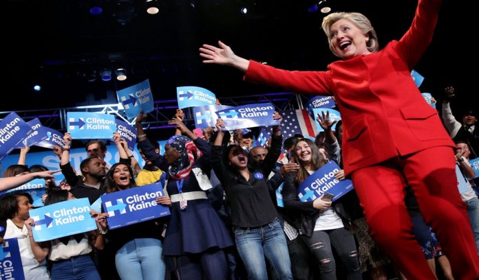 U.S. Democratic presidential candidate Hillary Clinton reacts as she arrive to meet with campaign supporters after the first presidential debate with Republican presidential nominee Donald Trump, in Westbury, New York, U.S.