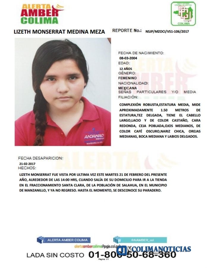 Activan Alerta Amber para localizar a la menor Lizeth Medina