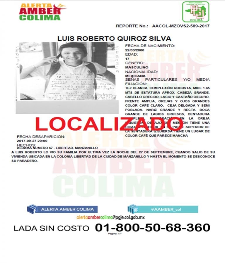 Desactivan Alerta Ámber, fue localizado el menor Luis Roberto Quiroz Silva