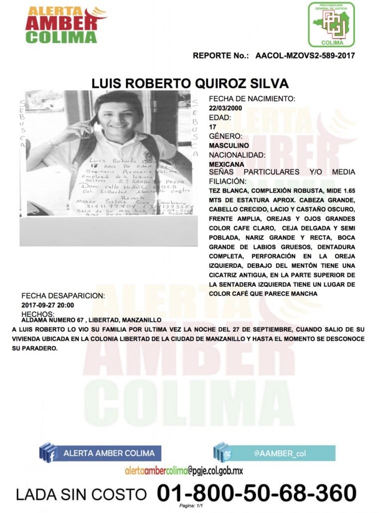 Activan Alerta Ámber para localizar al menor Luis Roberto Quiroz Silva