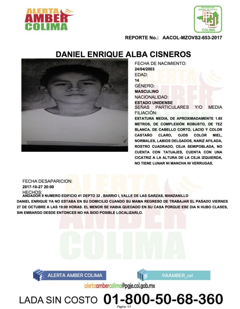 Activan Alerta Ámber para localizar al menor Daniel Enrique Alba Cisneros