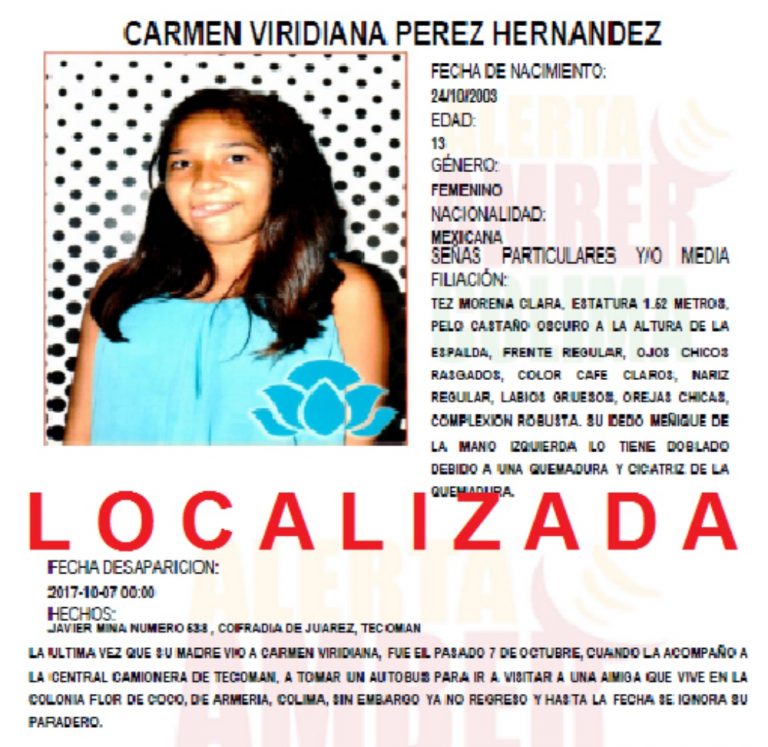 Localizan a la menor Carmen Viridiana Pérez Hernández