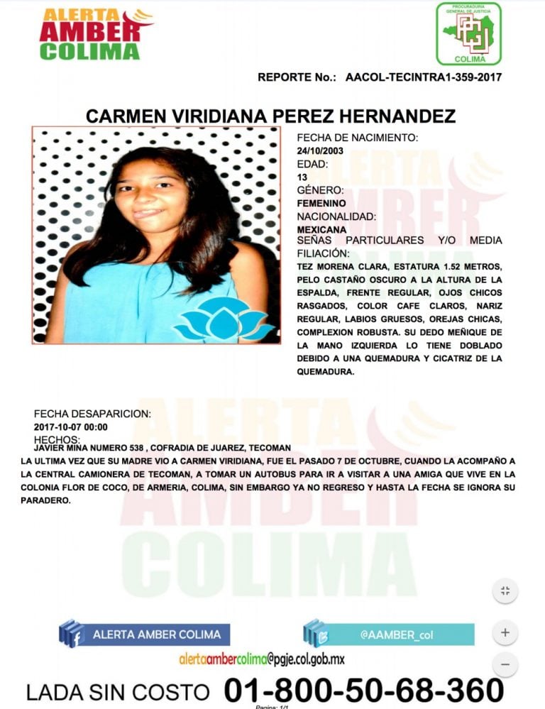 Activan Alerta Ámber para localizar a la menor Carmen Viridiana Pérez Hernández