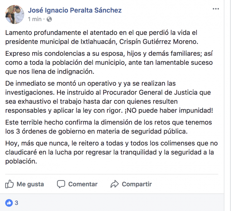 Lamenta gobernador asesinato de Crispín Gutiérrez; no va a haber impunidad, asegura