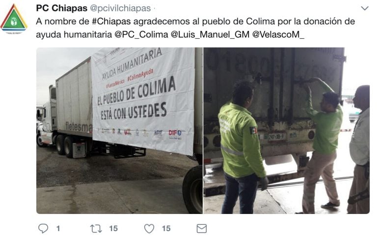 Chiapas agradece al pueblo de Colima por la ayuda humanitaria entregada