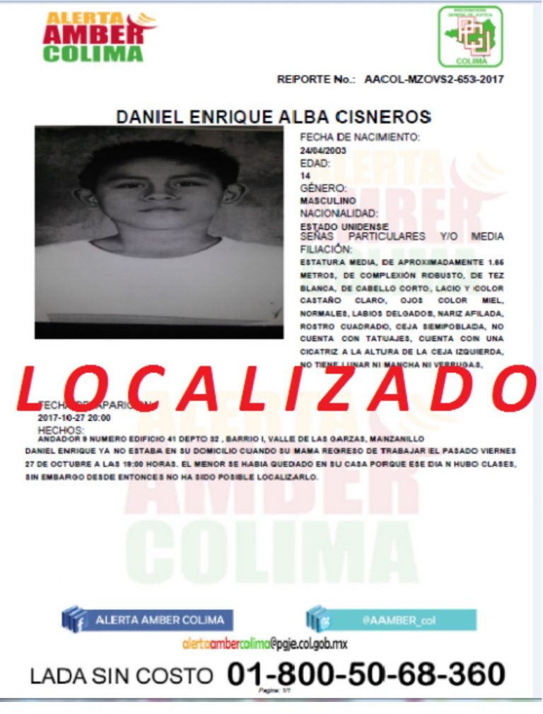 Desactivan Alerta Ámber, fue localizado el menor Daniel Enrique Alba Cisneros