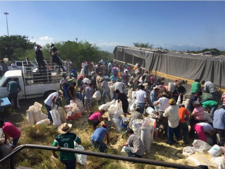 Vuelca tráiler con 60 toneladas de maíz, pobladores de la zona se llevan la carga en minutos