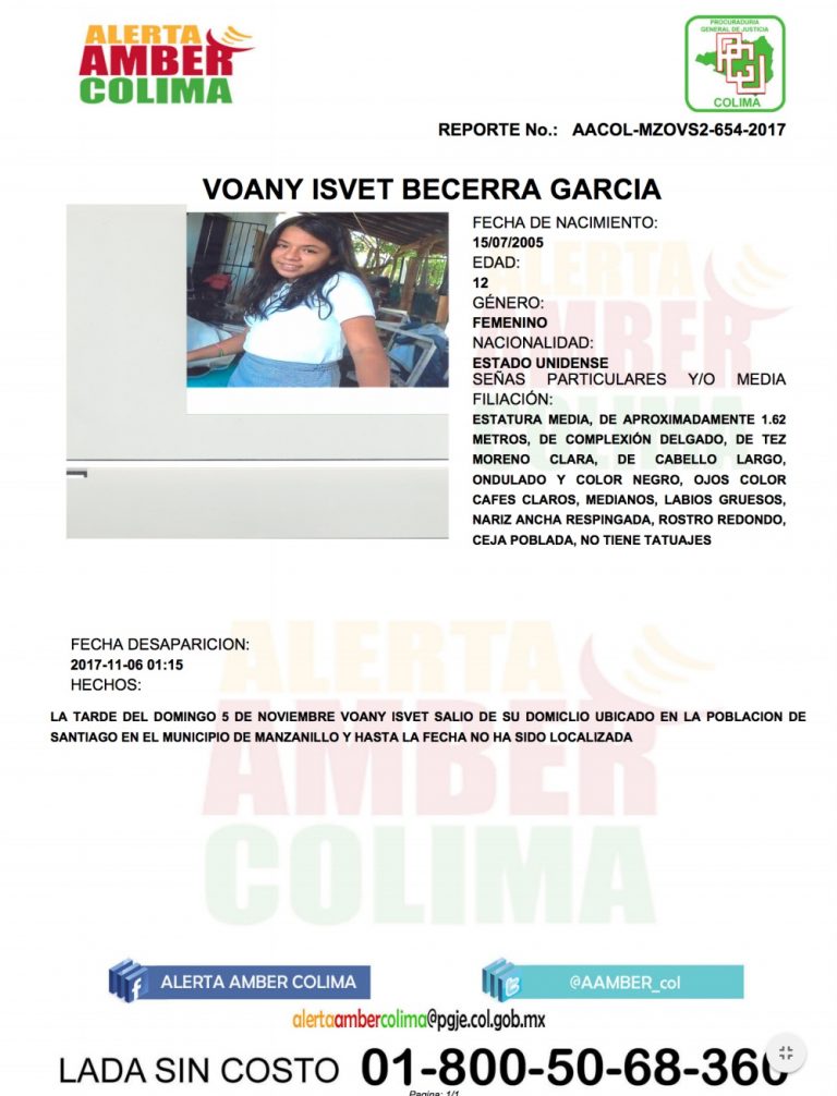 Activan Alerta Ámber para localizar a la menor Voany Isvet Becerra García