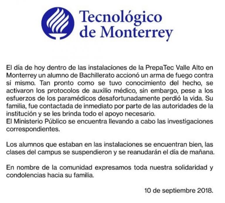 Se suicida estudiante de Prepa Tec, en Monterrey