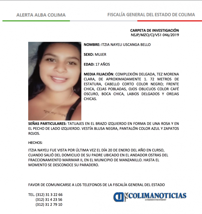 Activan Alerta Alba para localizar a Itzia Nayeli Uscanga Bello