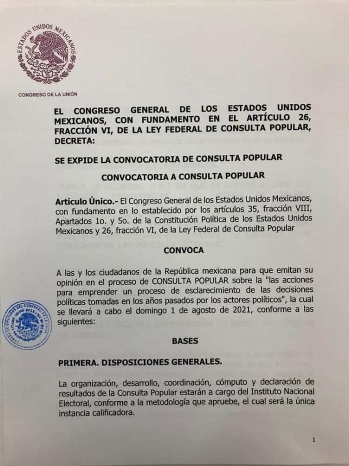 Publican en el DOF convocatoria para consulta popular que busca enjuiciar a políticos del pasado