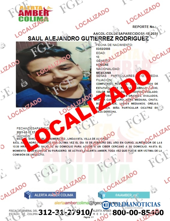Localizan en Jalisco a menor de edad desaparecido en Colima