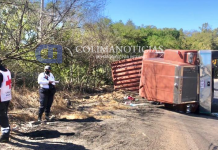 Vuelca camión con contenedor en la curva de Cuyutlán