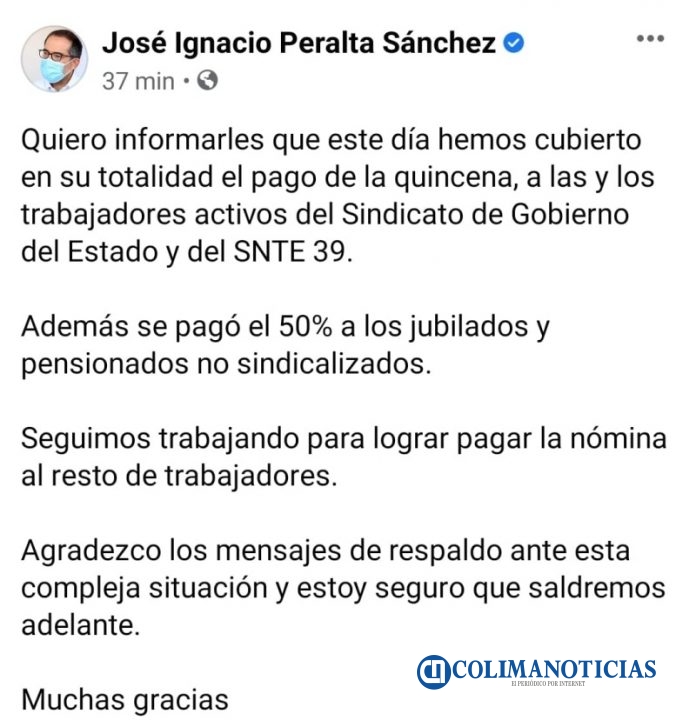 Paga Peralta restante de quincena a burócratas