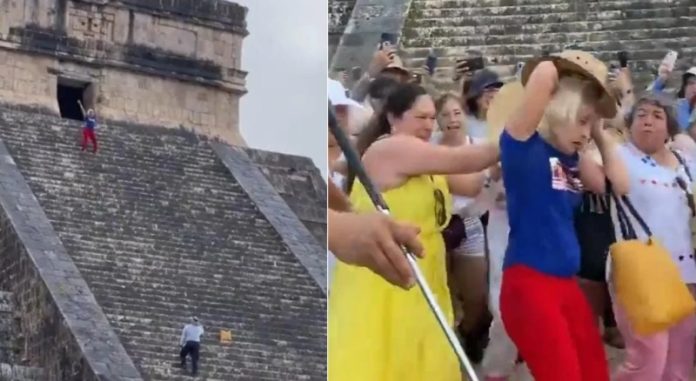 Turista ignora instrucciones y sube a la pirámide de Kukulkán