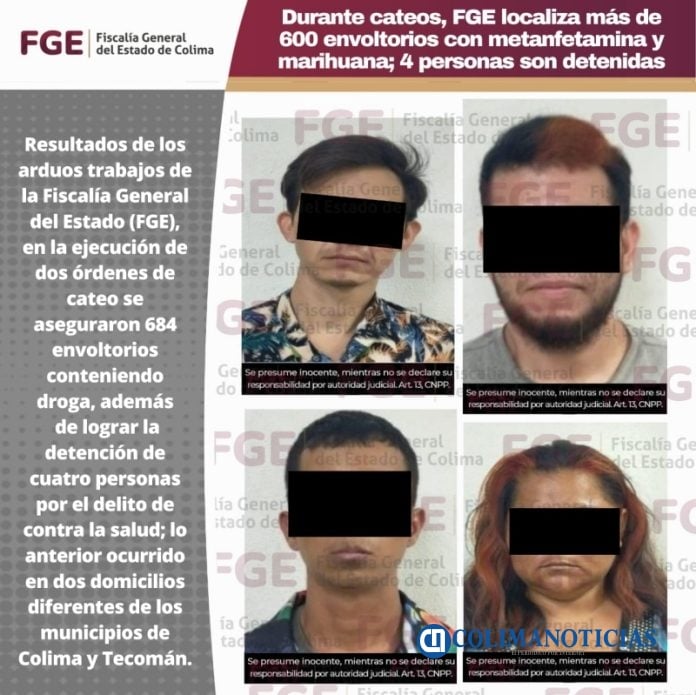 Durante cateos, FGE localiza más de 600 envoltorios con metanfetamina y marihuana; 4 personas son detenidas