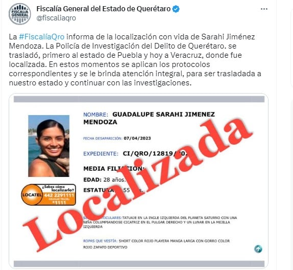 Guadalupe Sarahí Jiménez Mendoza ya fue localizada con vida en Veracruz
