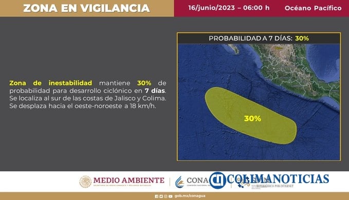 Vigila el SMN zona de inestabilidad con potencial de Desarrollo Ciclónico frente a la costa de Colima y Jalisco