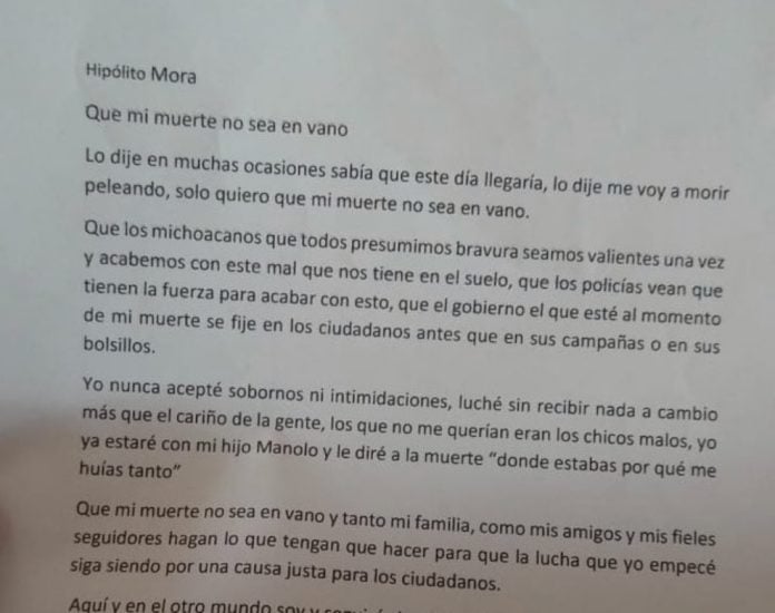 ‘Que mi muerte no sea en vano’, escribe Hipólito Mora en carta póstuma