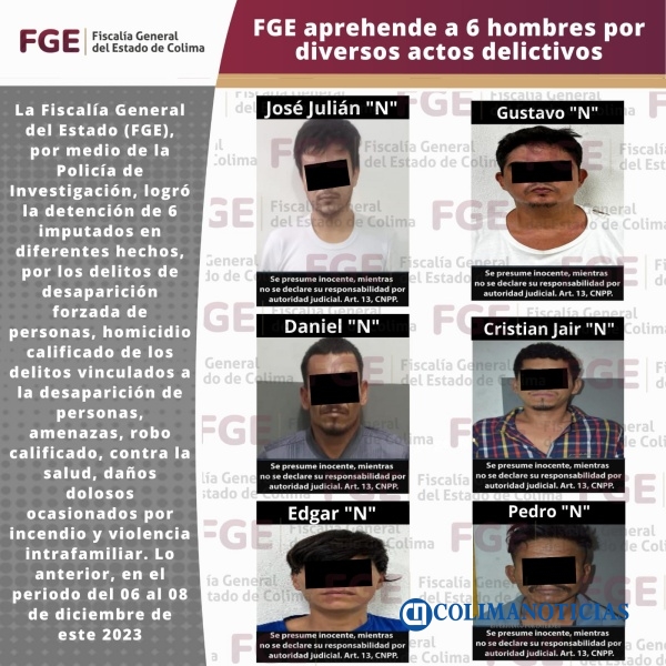FGE aprehende a 6 hombres por diversos actos delictivos
