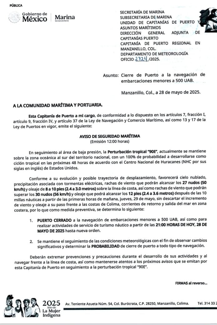 Capitanía ordena cerrar puerto de Manzanillo en las próximas horas a embarcaciones menores