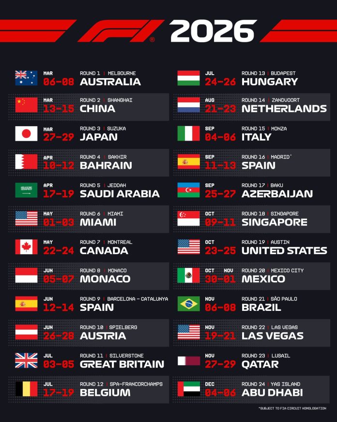 Calendario de 24 carreras en 2026