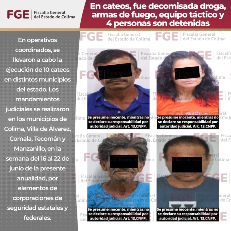 En cateos, fue decomisada droga, armas de fuego, equipo táctico y 4 personas son detenidas