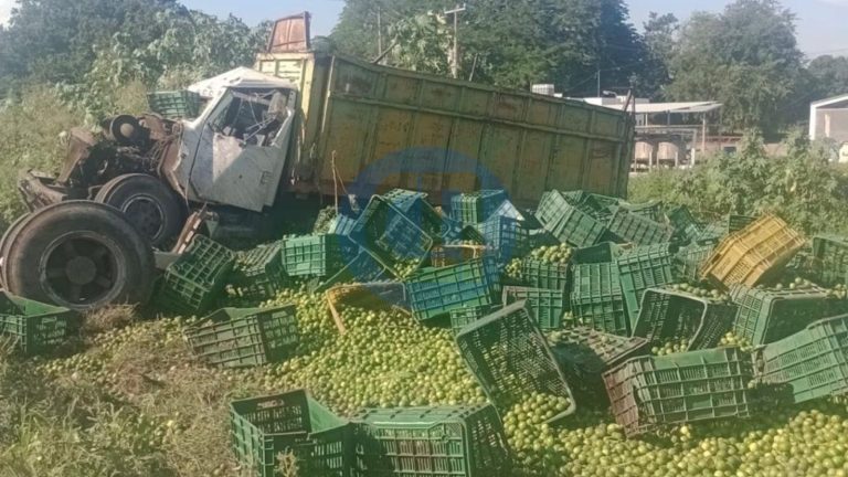 Dos lesionados tras volcadura de camión cargado de limón en la Tecomán–Cerro de Ortega