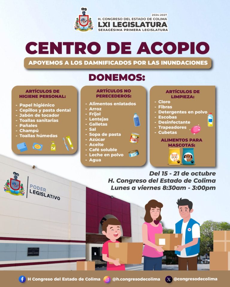 Instala Congreso centro de acopio en apoyo a familias afectadas por inundaciones