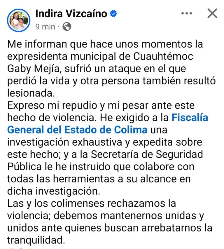 Gobernadora de Colima, Indira Vizcaíno exige a Fiscalía investigación de asesinato de Gaby Mejía