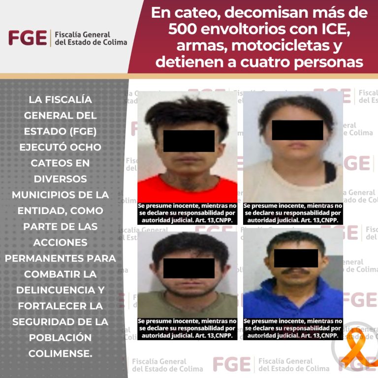 En cateos, decomisan más de 500 envoltorios con ICE, armas, motocicletas y detienen a cuatro personas