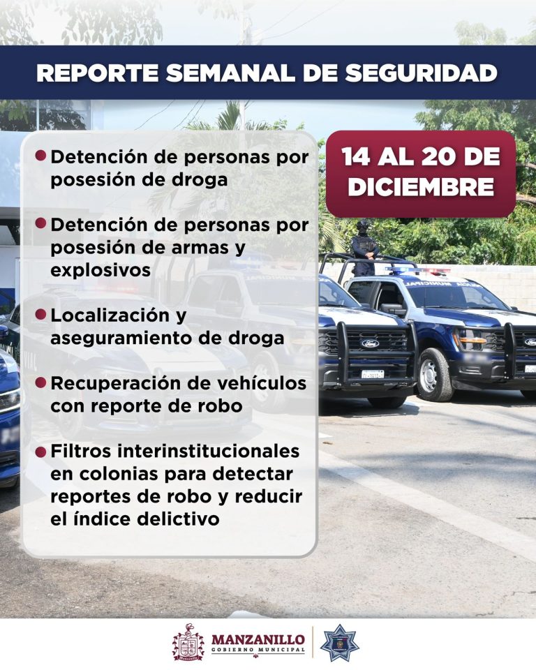 Detenciones por posesión de droga y aseguramiento de armas: resultados semanales de Seguridad Pública de Manzanillo