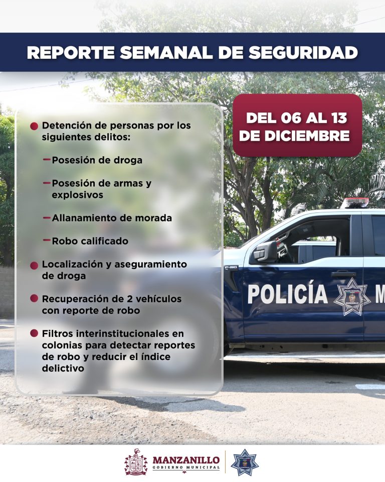 Detenciones por posesión de droga, robo y aseguramiento de armas: resultados semanales de Seguridad Pública de Manzanillo