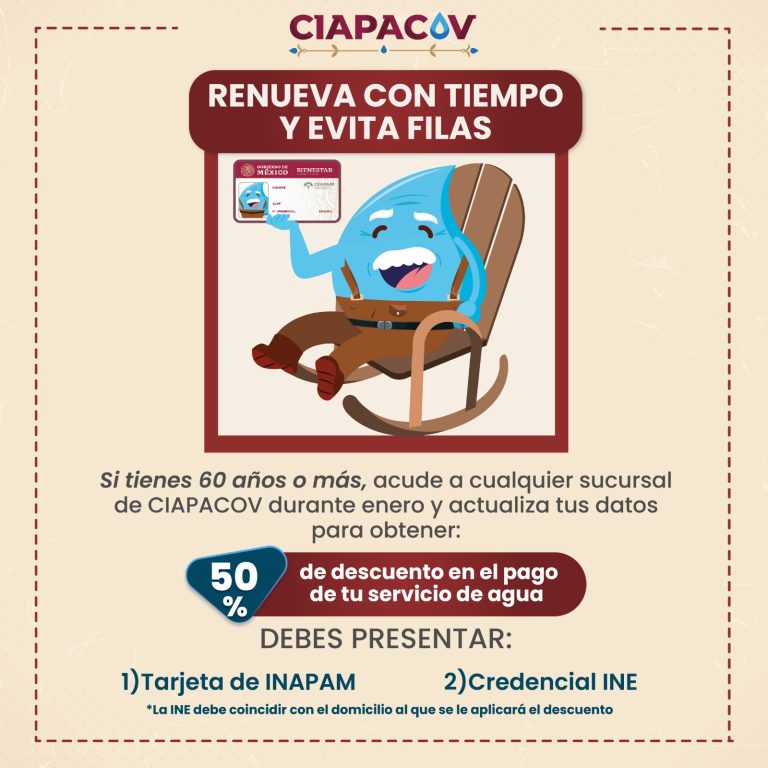 CIAPACOV invita a personas adultas mayores a renovar su descuento del 50 % en el servicio de agua