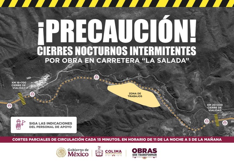 Seidum informa nuevo esquema de trabajos nocturnos en el tramo ‘La Salada’ de la autopista Colima-Manzanillo