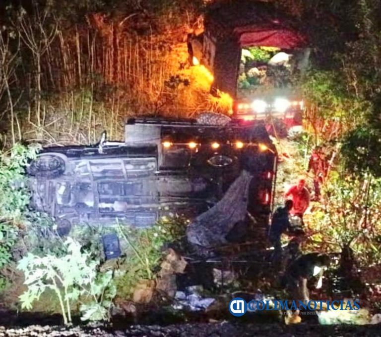 Vuelca camioneta cargada con verdura y cae de puente en la autopista Armería–Manzanillo; dos lesionados