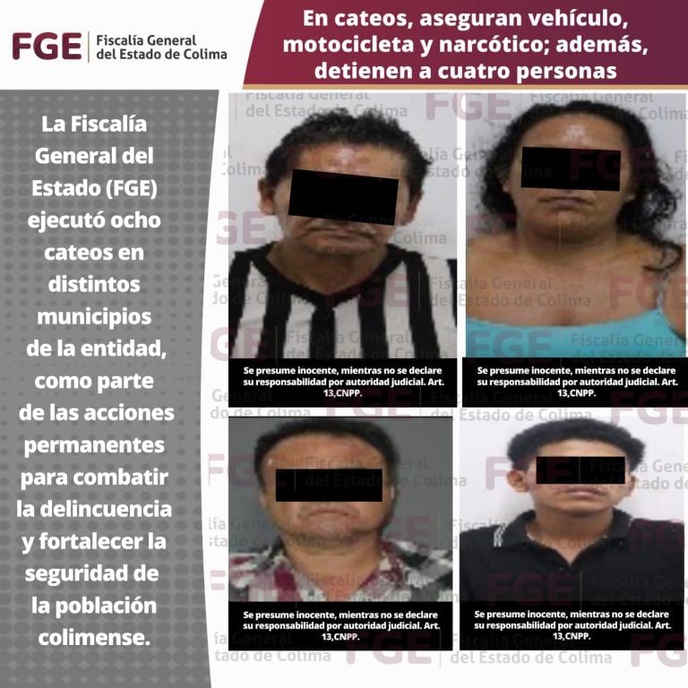 En cateos, aseguran vehículo, motocicleta y narcótico; además, detienen a cuatro personas