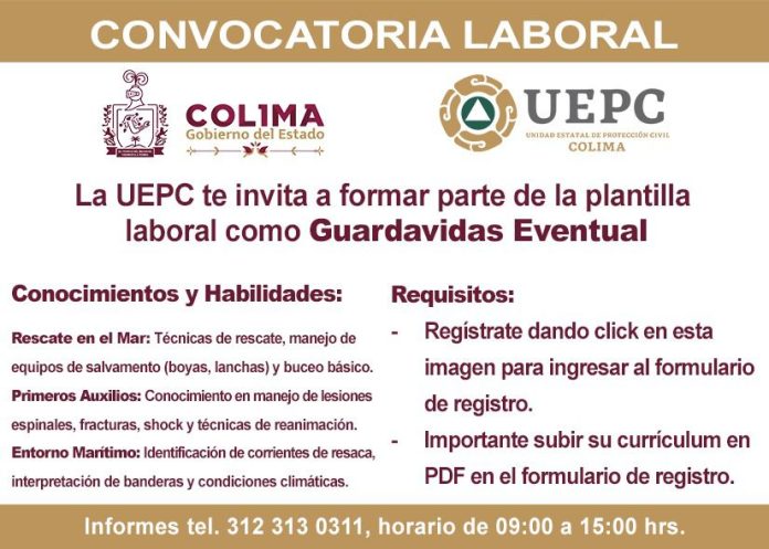 Ofrece UEPC Colima vacantes eventuales de guardavidas para apoyar a la población en el periodo vacacional
