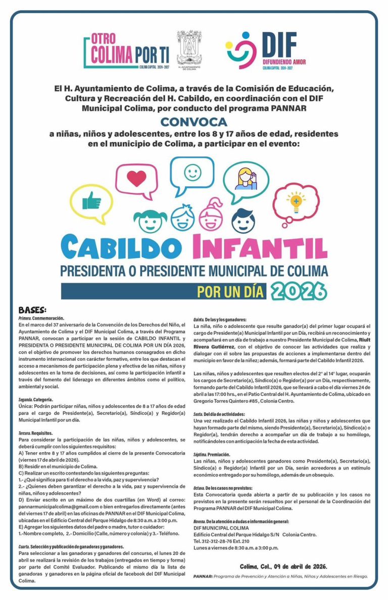 Cabildo infantil 2026: Colima convoca a niñas, niños y adolescentes a ocupar el Ayuntamiento por un día