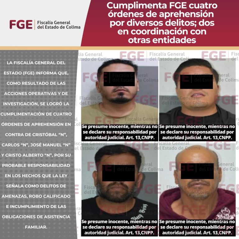 Cumplimenta FGE cuatro órdenes de aprehensión por diversos delitos; dos en coordinación con otras entidades