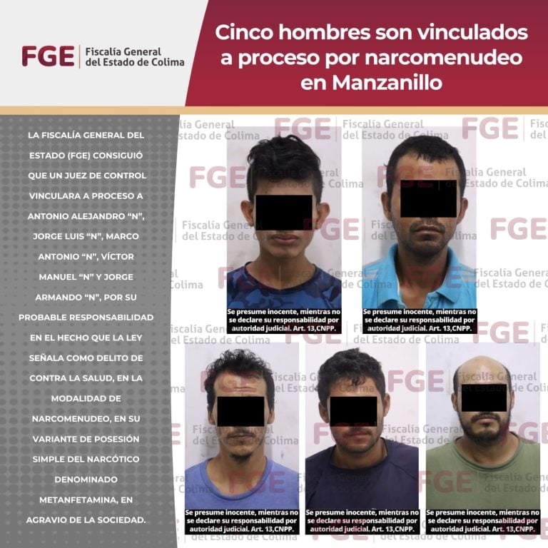 Cinco hombres son vinculados a proceso por narcomenudeo en Manzanillo