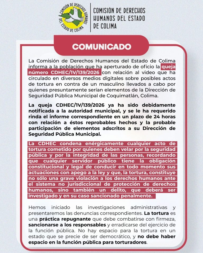Pronunciamiento de la CDHEC por los probables hechos de tortura en el municipio de Coquimatlán, Colima