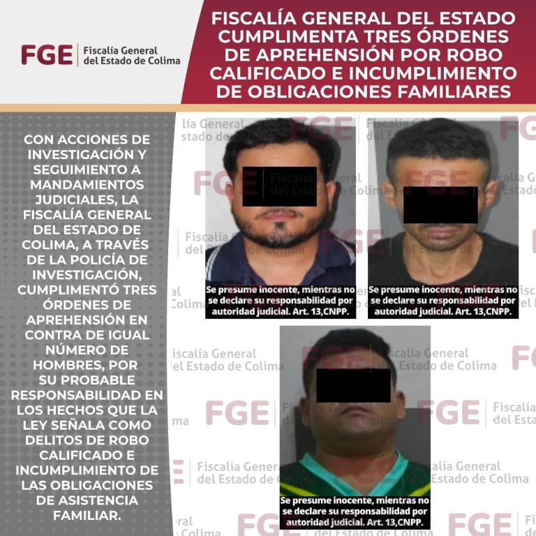 Fiscalía General del Estado cumplimenta tres órdenes de aprehensión por robo calificado e incumplimiento de obligaciones familiares
