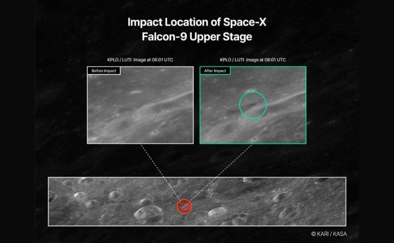 Revelan imágenes del antes y después del impacto del cohete de SpaceX en la superficie lunar