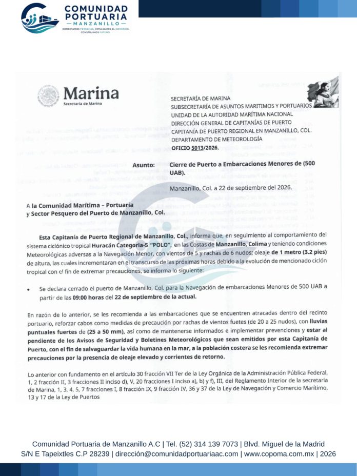 Cierran el puerto de Manzanillo a la navegación de embarcaciones menores
