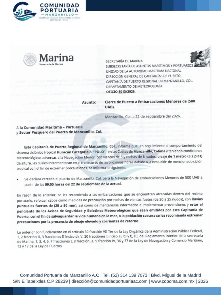 Cierran el puerto de Manzanillo a la navegación de embarcaciones menores