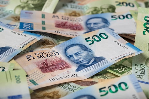 Mexican peso paper money, mexican currency background, 500 and 200 peso bills