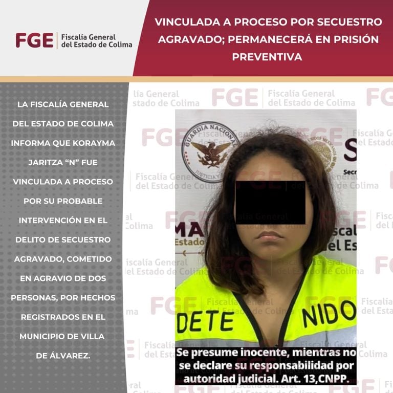 Vinculada a proceso por secuestro agravado; permanecerá en prisión preventiva