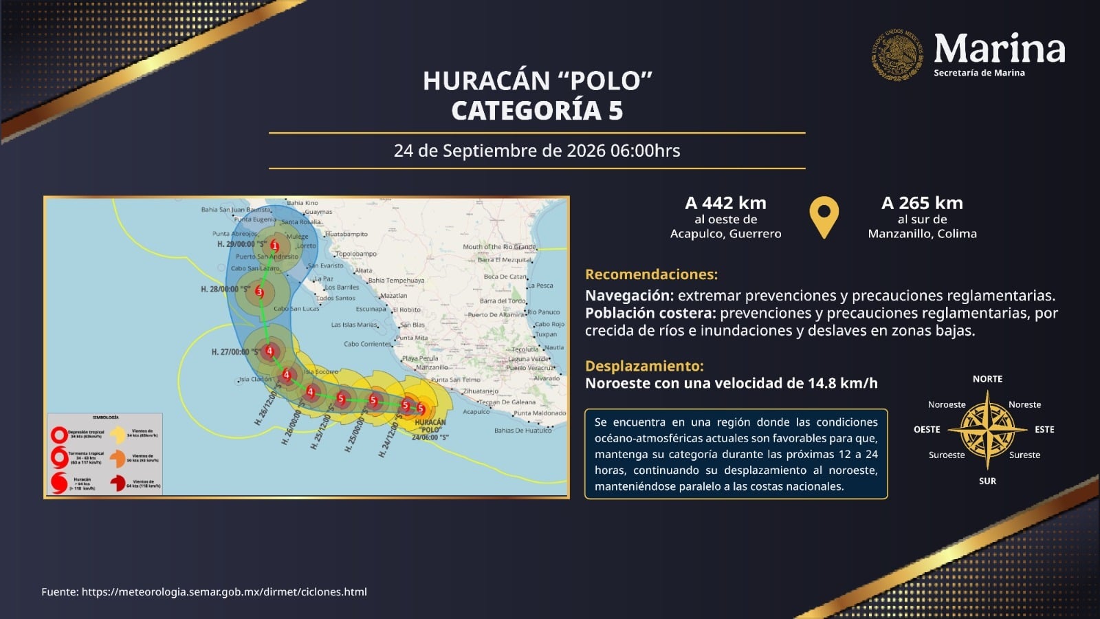 Marina refuerza acciones del Plan Marina ante la intensificación del huracán "Polo" a categoría 5
